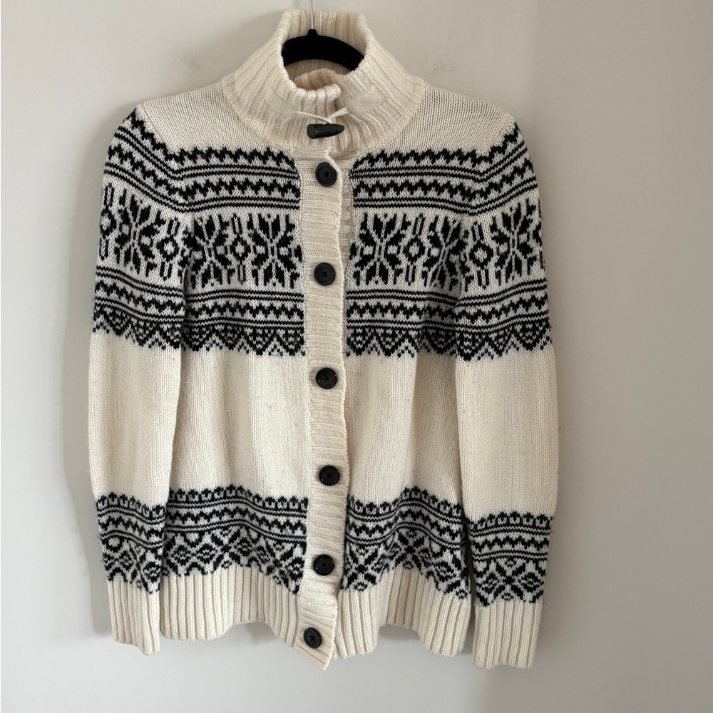 Cozy Black and White Cowl Neck Sweater Wool Blend Nordic Patterns Size XS/TP